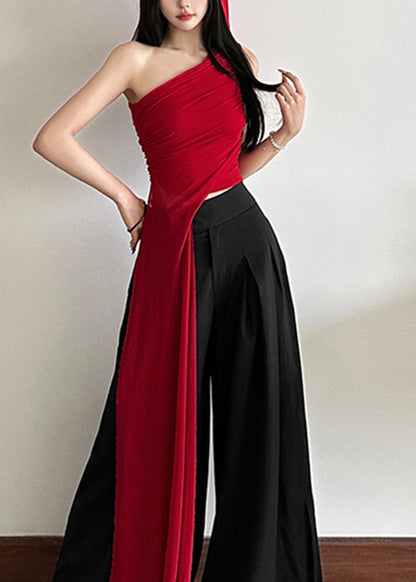 Sleeveless One Asymmetrical Shirt Red Shoulder Slim Fit Tulle