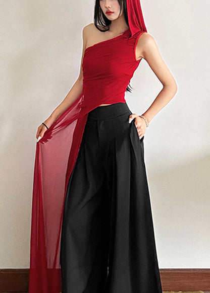 Sleeveless One Asymmetrical Shirt Red Shoulder Slim Fit Tulle