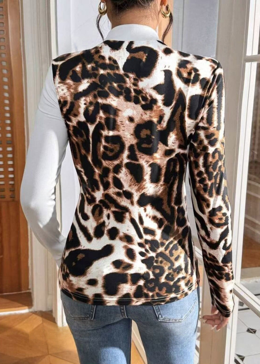 Sleeved Long T-Shirt Patchwork Leopard Print Slim Streetwear Fit