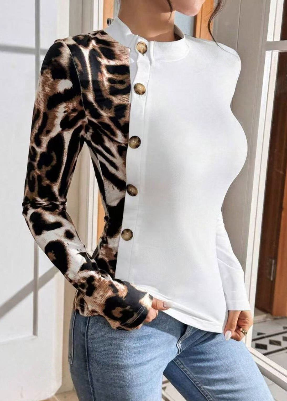 Sleeved Long T-Shirt Patchwork Leopard Print Slim Streetwear Fit