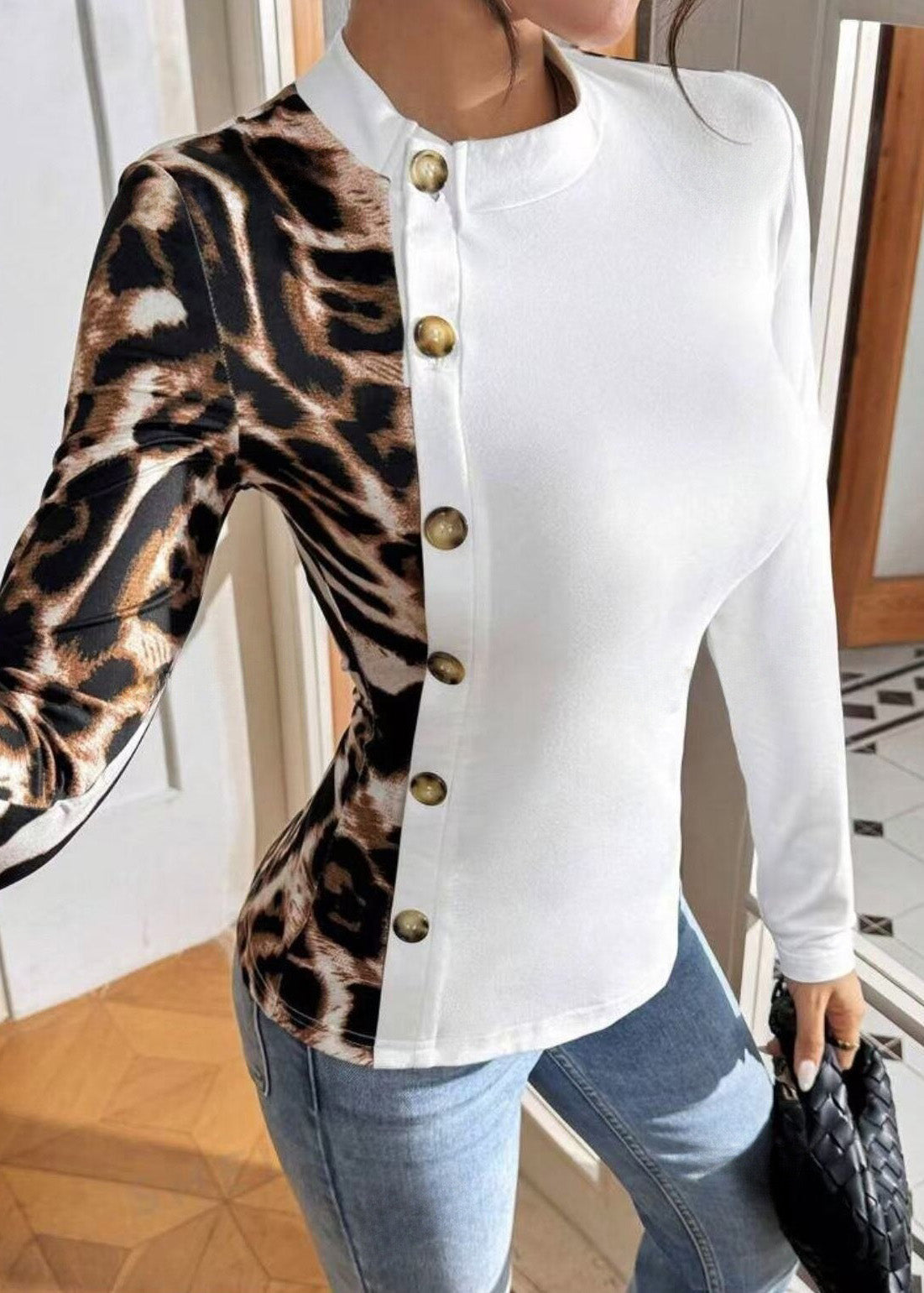 Sleeved Long T-Shirt Patchwork Leopard Print Slim Streetwear Fit
