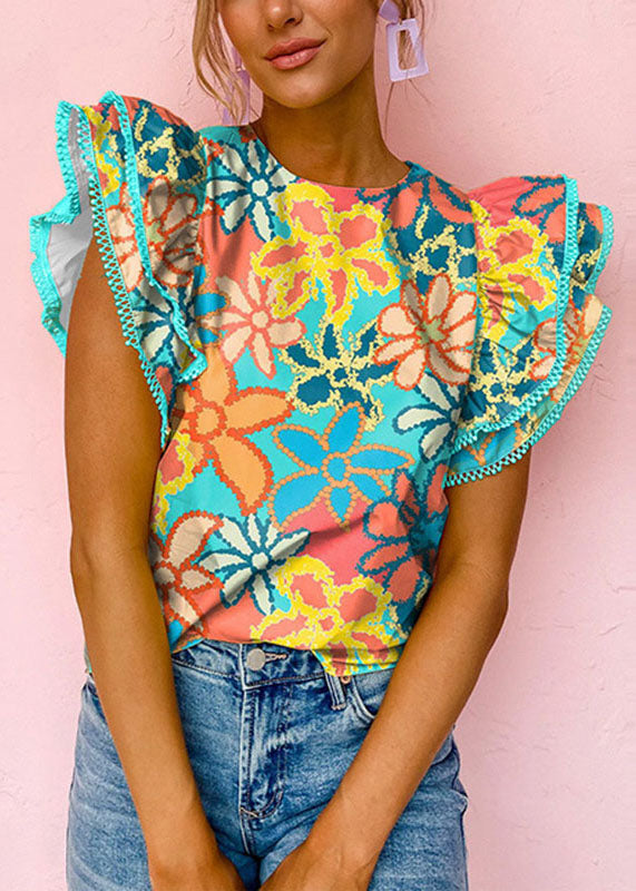 T O-Neck Print Shirt Ruffled Style Summer Green