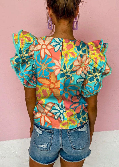 T O-Neck Print Shirt Ruffled Style Summer Green