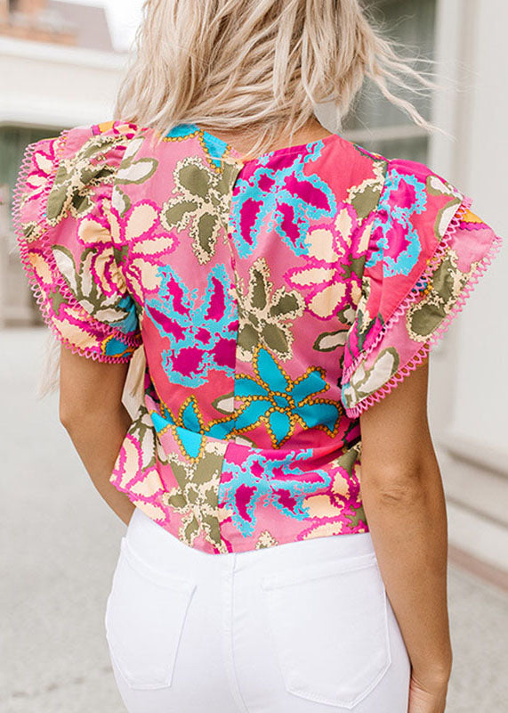 T O-Neck Print Shirt Ruffled Style Summer Green