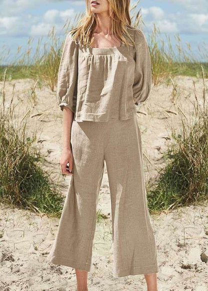 Top Set Square Pants Style And Khaki Pieces Crop Half Two Collar