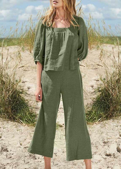 Top Set Square Pants Style And Khaki Pieces Crop Half Two Collar