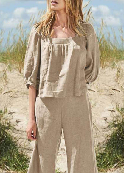 Top Set Square Pants Style And Khaki Pieces Crop Half Two Collar