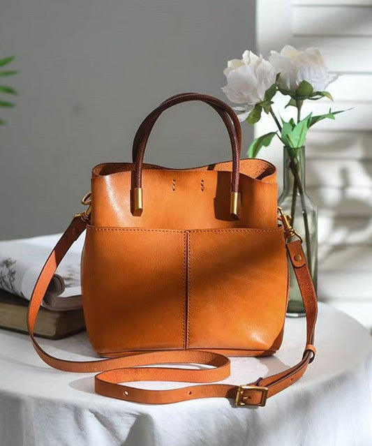 Style Large Durable Leather Orange Handbag Tote