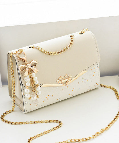 Faux Flap Leather Linked Stylish Chain Bag Beige