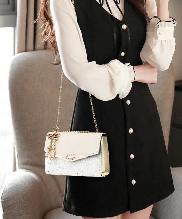 Faux Flap Leather Linked Stylish Chain Bag Beige