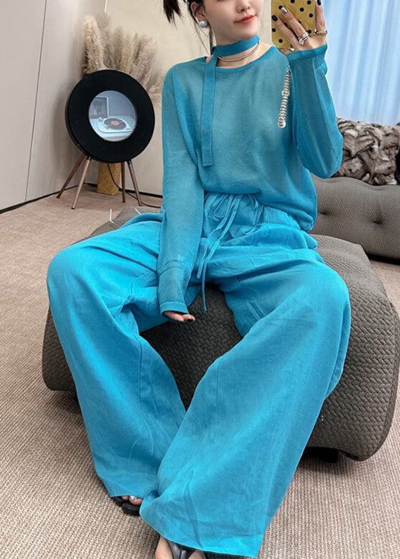 And Stylish Piece Fall Leg Knit O-Neck Toop Wide Two Pants Set Blue