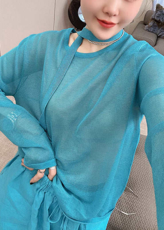 And Stylish Piece Fall Leg Knit O-Neck Toop Wide Two Pants Set Blue