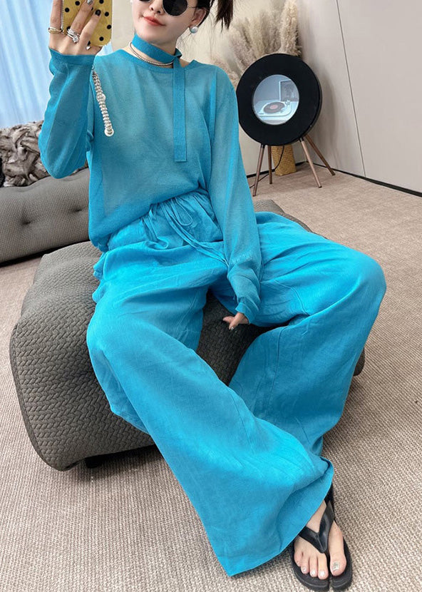 And Stylish Piece Fall Leg Knit O-Neck Toop Wide Two Pants Set Blue