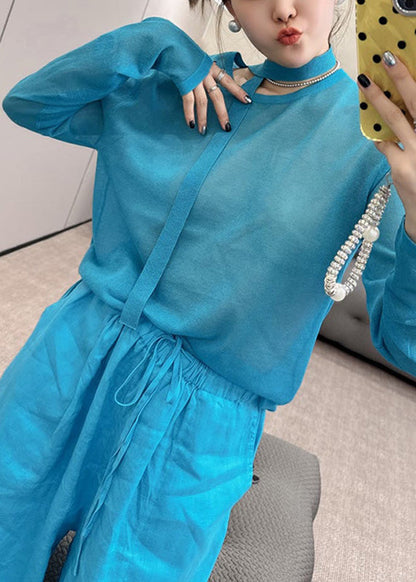 And Stylish Piece Fall Leg Knit O-Neck Toop Wide Two Pants Set Blue