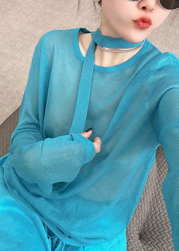 And Stylish Piece Fall Leg Knit O-Neck Toop Wide Two Pants Set Blue