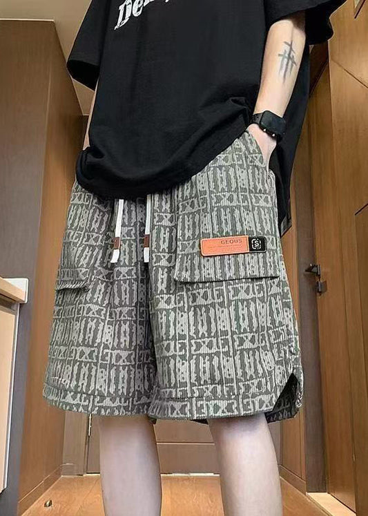 Elastic Green Shorts Waist Cotton Summer Pockets Print Stylish Men