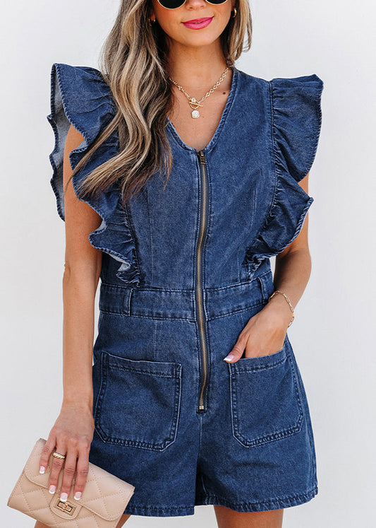 Stylish Ruffled Sleeve Short Denim O-Neck Jumpsuit Zippered Navy