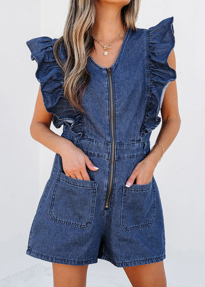 Stylish Ruffled Sleeve Short Denim O-Neck Jumpsuit Zippered Navy