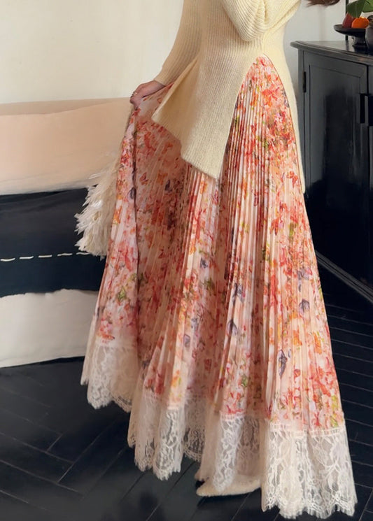 Stylish Pleated Summer Chiffon Skirt Orange Print Patchwork Lace