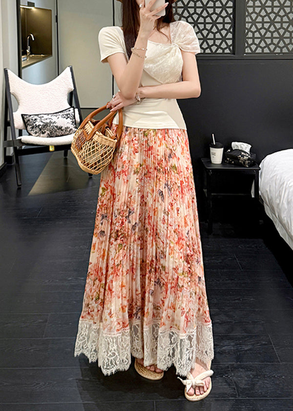 Stylish Pleated Summer Chiffon Skirt Orange Print Patchwork Lace
