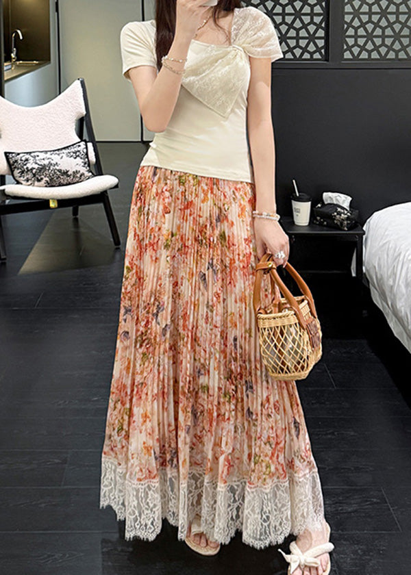 Stylish Pleated Summer Chiffon Skirt Orange Print Patchwork Lace