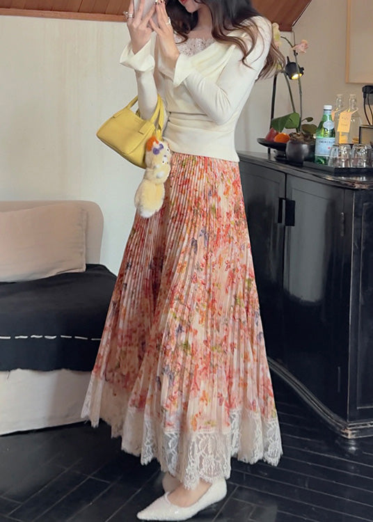 Stylish Pleated Summer Chiffon Skirt Orange Print Patchwork Lace