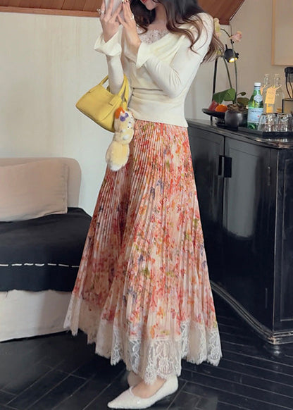 Stylish Pleated Summer Chiffon Skirt Orange Print Patchwork Lace