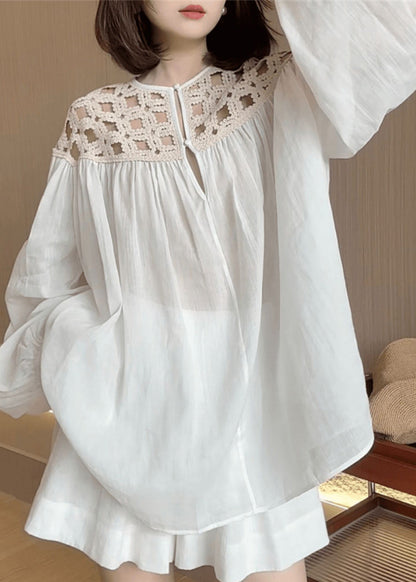 White O-Neck Fall Shirts Out Silk Hollow Stylish Wrinkled Cotto