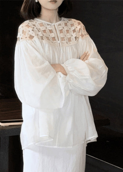 White O-Neck Fall Shirts Out Silk Hollow Stylish Wrinkled Cotto