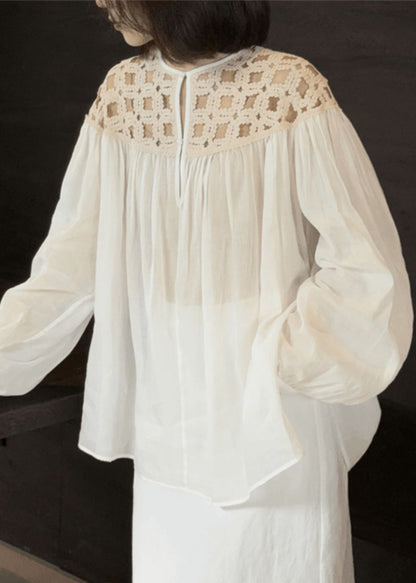 White O-Neck Fall Shirts Out Silk Hollow Stylish Wrinkled Cotto