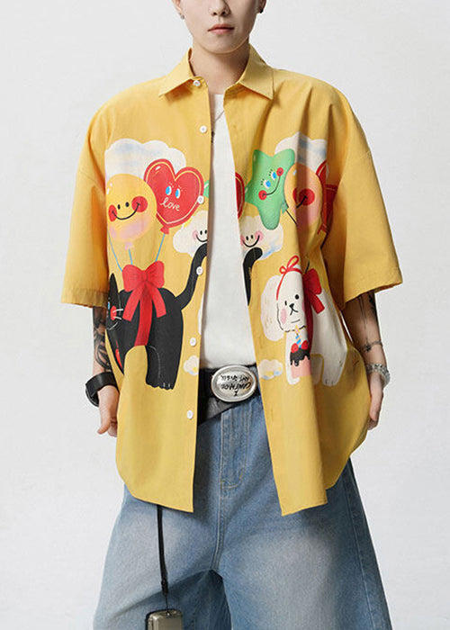 Peter Print Collar Yellow Pan Stylish Sleeve Shirts Half Mens Button Cotton