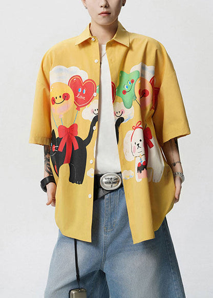 Peter Print Collar Yellow Pan Stylish Sleeve Shirts Half Mens Button Cotton