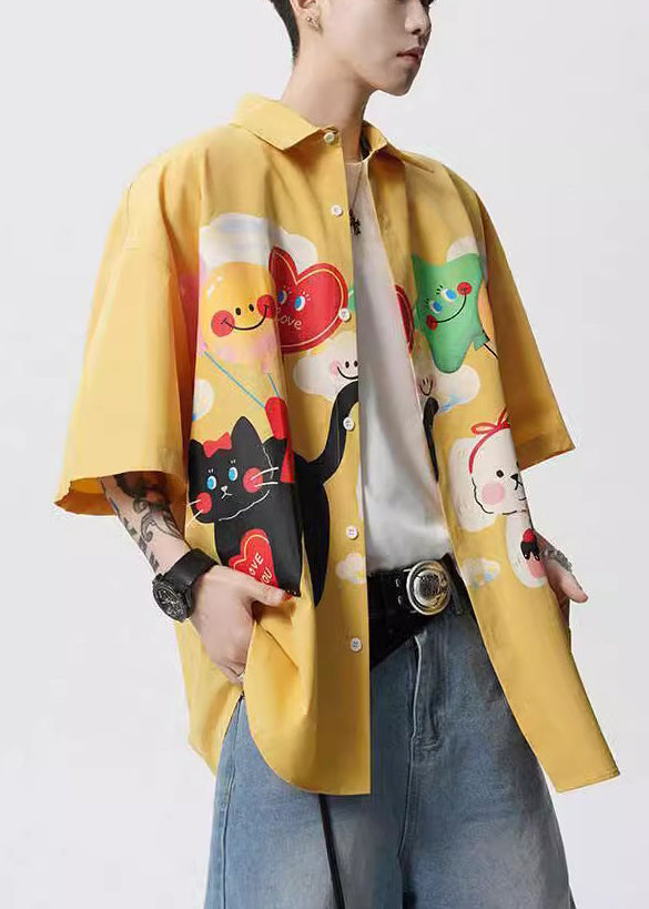 Peter Print Collar Yellow Pan Stylish Sleeve Shirts Half Mens Button Cotton