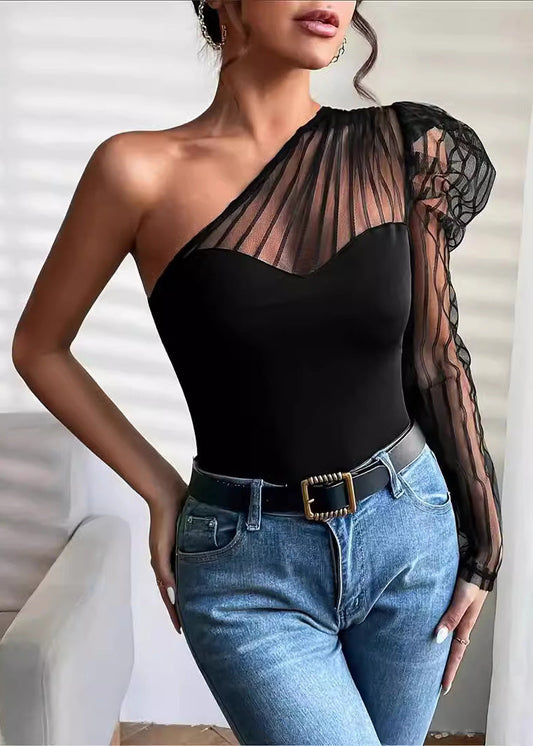 One Tulle Summer T-Shirt Shoulder Patchwork Sleeved Sexy Top Long