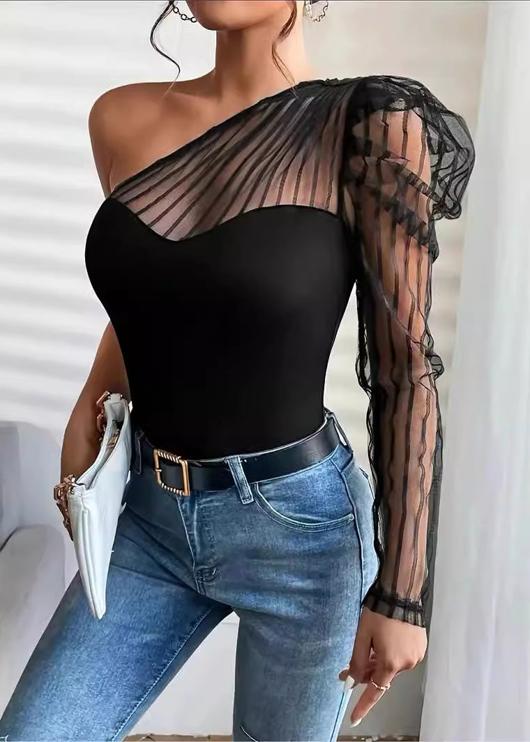 One Tulle Summer T-Shirt Shoulder Patchwork Sleeved Sexy Top Long