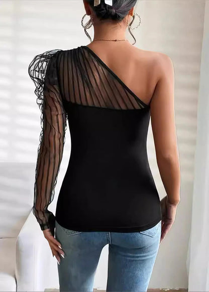 One Tulle Summer T-Shirt Shoulder Patchwork Sleeved Sexy Top Long