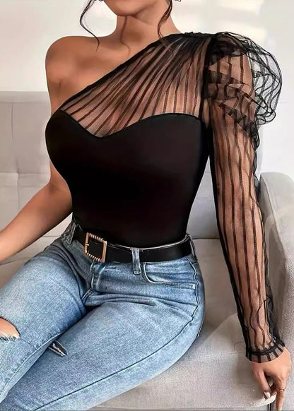 One Tulle Summer T-Shirt Shoulder Patchwork Sleeved Sexy Top Long