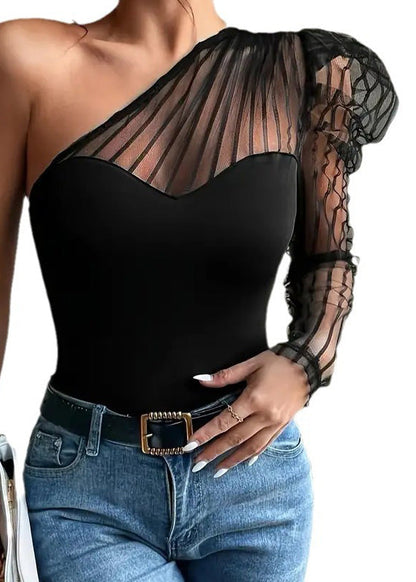 One Tulle Summer T-Shirt Shoulder Patchwork Sleeved Sexy Top Long