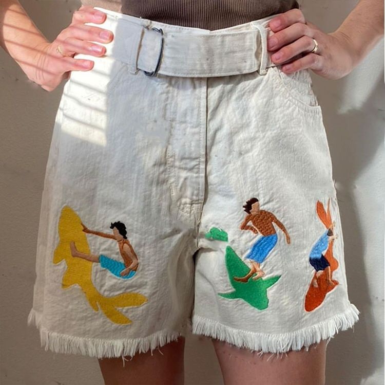 Surfing And Sharks Embroidery Shorts