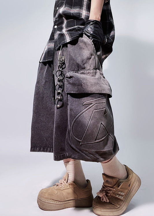 Oversized Elastic Vintage Black Men Pockets Shorts Summer Denim Waist