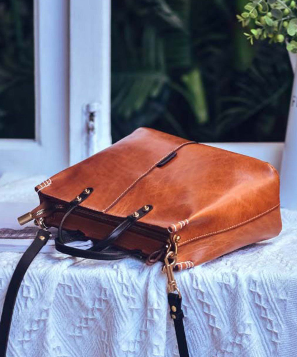 Brown Durable Vintage Leather Handbag Large Tote