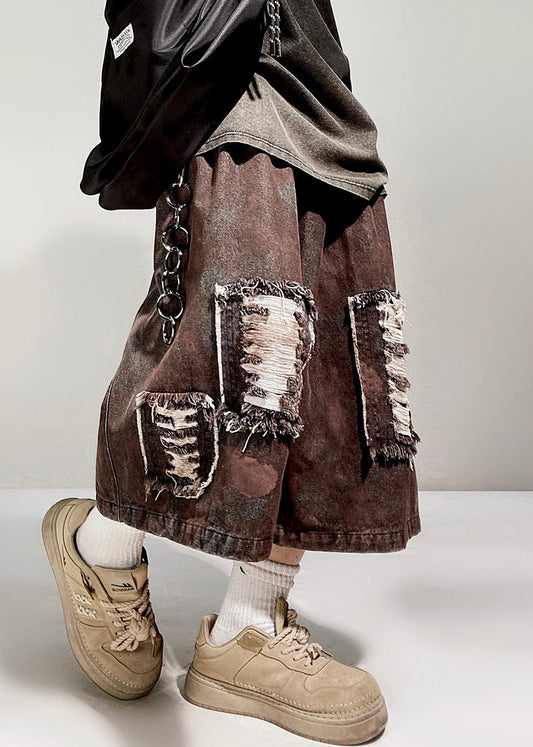 Men Vintage Summer Denim Shorts Oversized Waist Hole Elastic