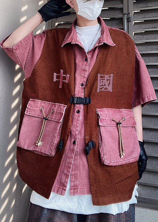Oversized Pieces Sleeve Two False Pink Half Men Shirts Patchwork Vintage