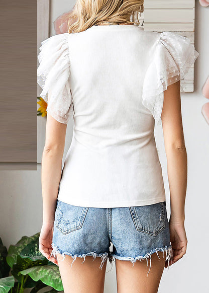 White Top Flare Knit Solid O-Neck Sleeve
