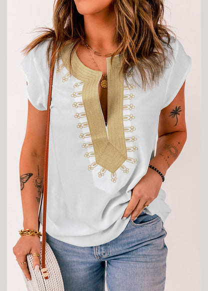 Print Sleeve White Tops Solid Short