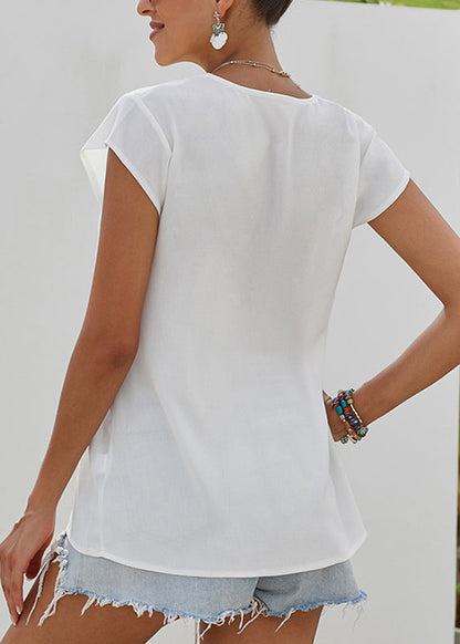 Print Sleeve White Tops Solid Short