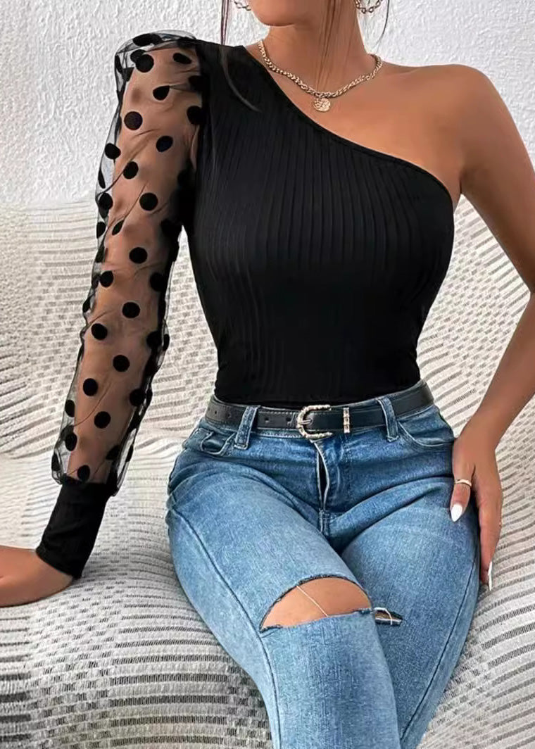 2025 Sleeved Shoulder Black Single Top Women Patchwork
