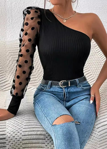 2025 Sleeved Shoulder Black Single Top Women Patchwork