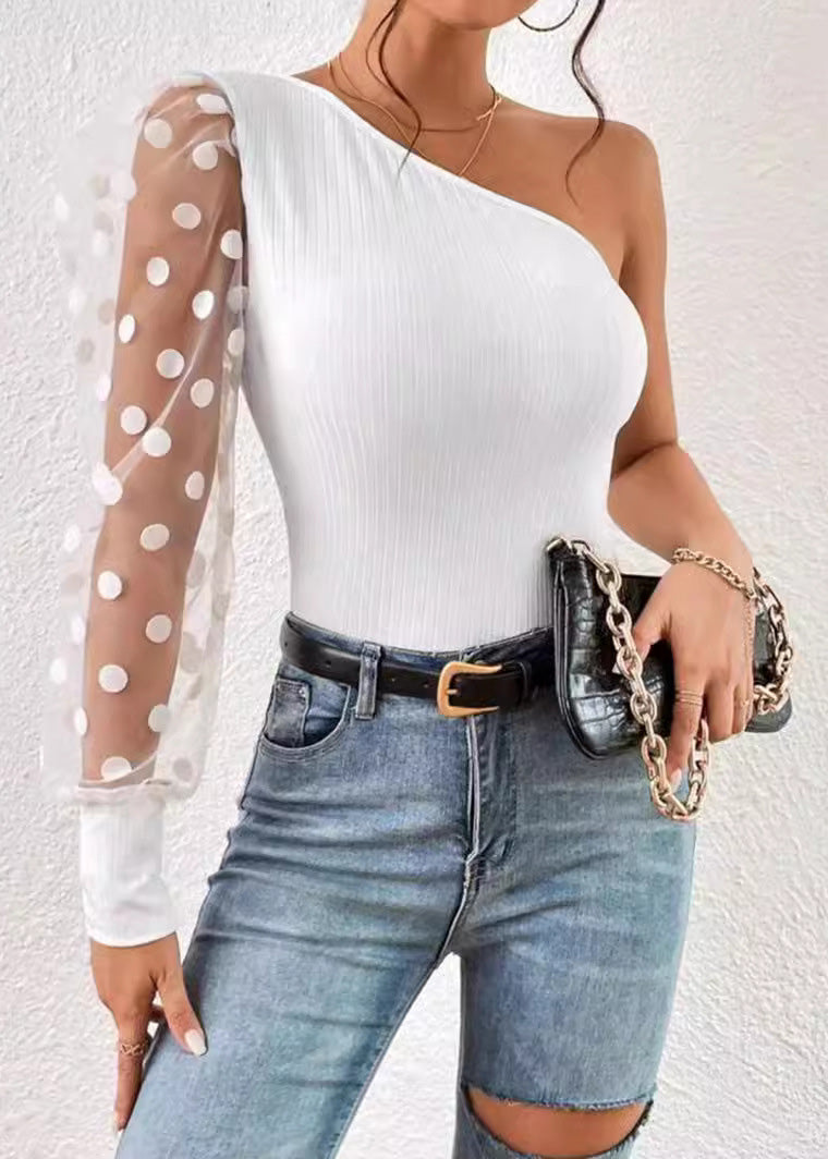 2025 Sleeved Shoulder Black Single Top Women Patchwork