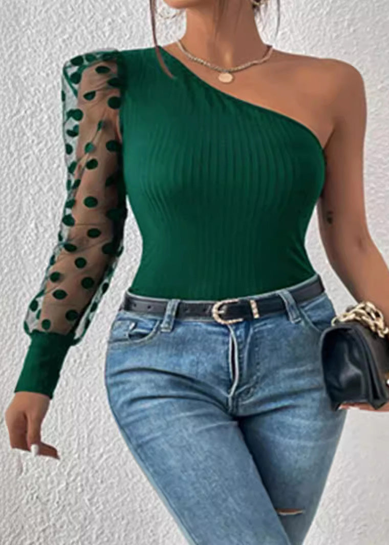 2025 Sleeved Shoulder Black Single Top Women Patchwork